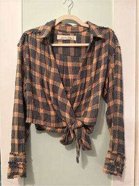 Free People Plaid Tie-Front Long-Sleeve Top